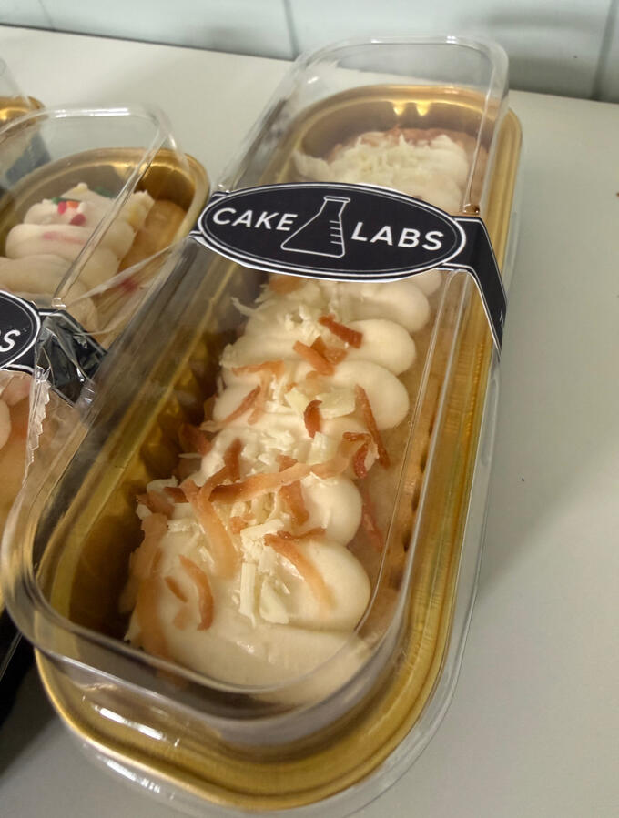 Cake Labs Island Theory coconut mini loaf cake with toasted coconut.